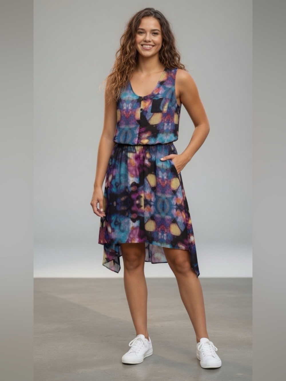 Mossimo Multicolor Watercolor Sleeveless High Low Floral Abstract Dress